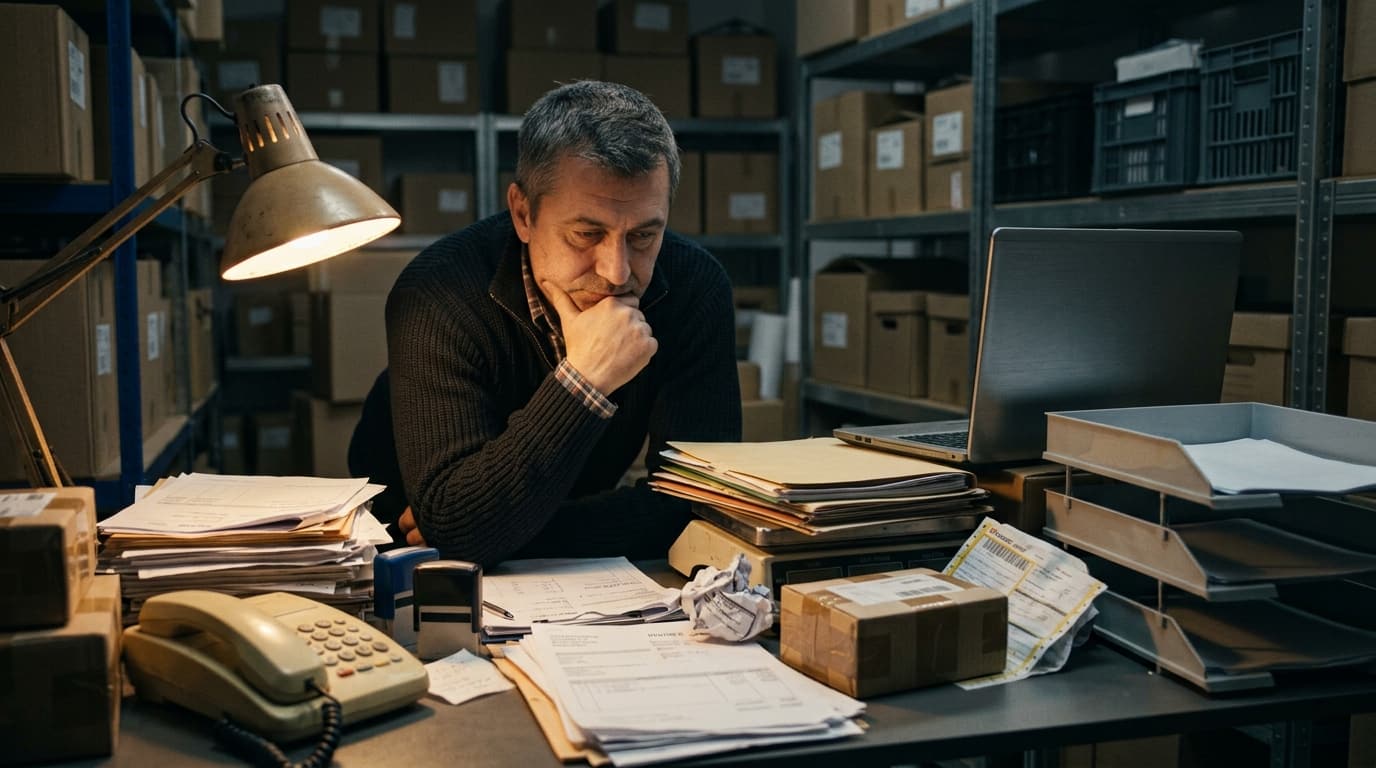 Antreprenor la birou noaptea, într-un depozit, între facturi, colete și un laptop